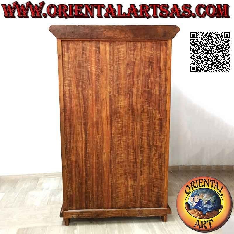 Armadio a 2 ante (3 ripiani) con cassetto centrale e decoro superiore in legno antico di teak