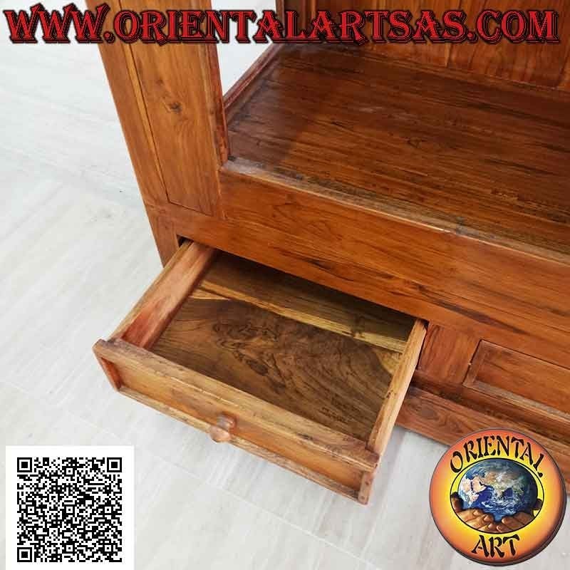High double door display cabinet with three high shelves and two drawers in teak wood (rhombus engraved above)