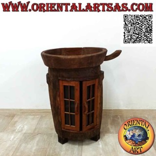 Buffet redondo con puerta de cristal en madera de teca antigua reciclada de vehículos agrícolas (de Birmania)