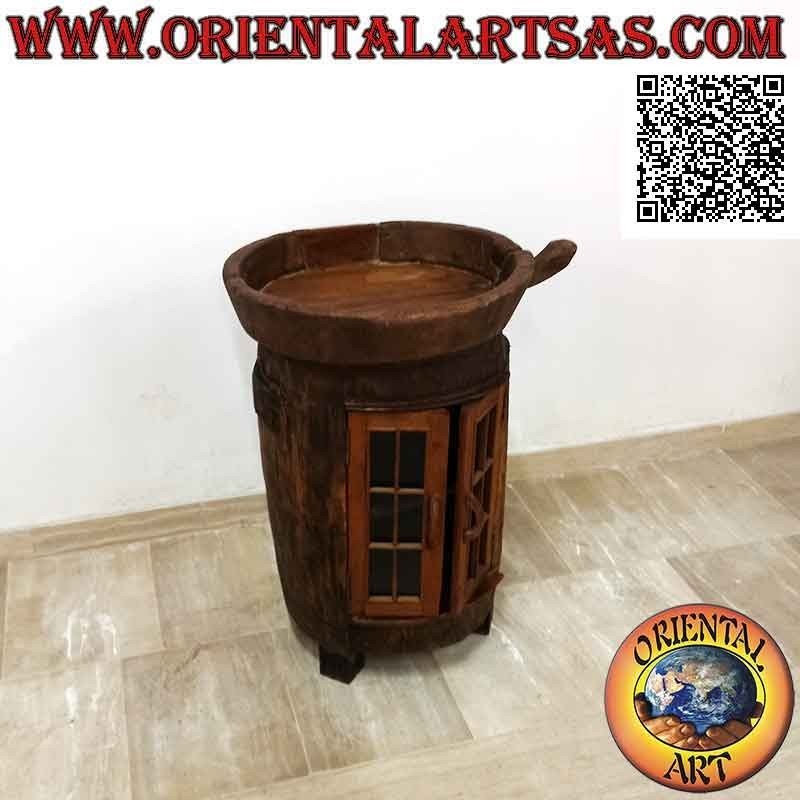 Buffet redondo con puerta de cristal en madera de teca antigua reciclada de vehículos agrícolas (de Birmania)