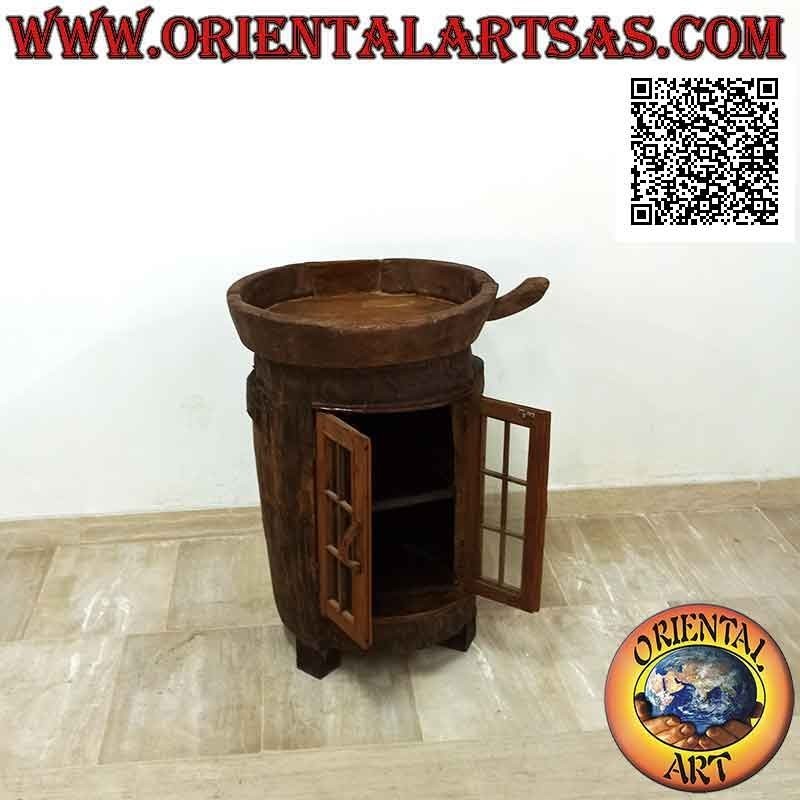 Round buffet with glass door in antique teak wood recycled from agricultural vehicles (from Burma)