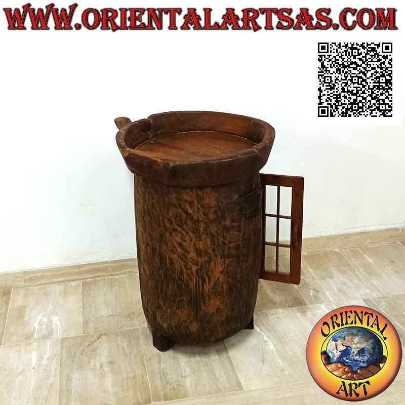 Buffet redondo con puerta de cristal en madera de teca antigua reciclada de vehículos agrícolas (de Birmania)