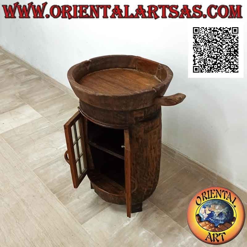 Buffet redondo con puerta de cristal en madera de teca antigua reciclada de vehículos agrícolas (de Birmania)
