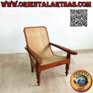 Sillón / chaise longue de estilo colonial antiguo en madera de teca y paja de Viena (tejido tupido)