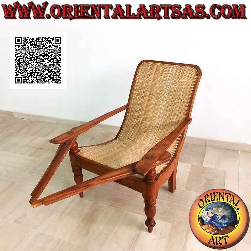 Sillón / chaise longue de estilo colonial antiguo en madera de teca y paja de Viena (tejido tupido)