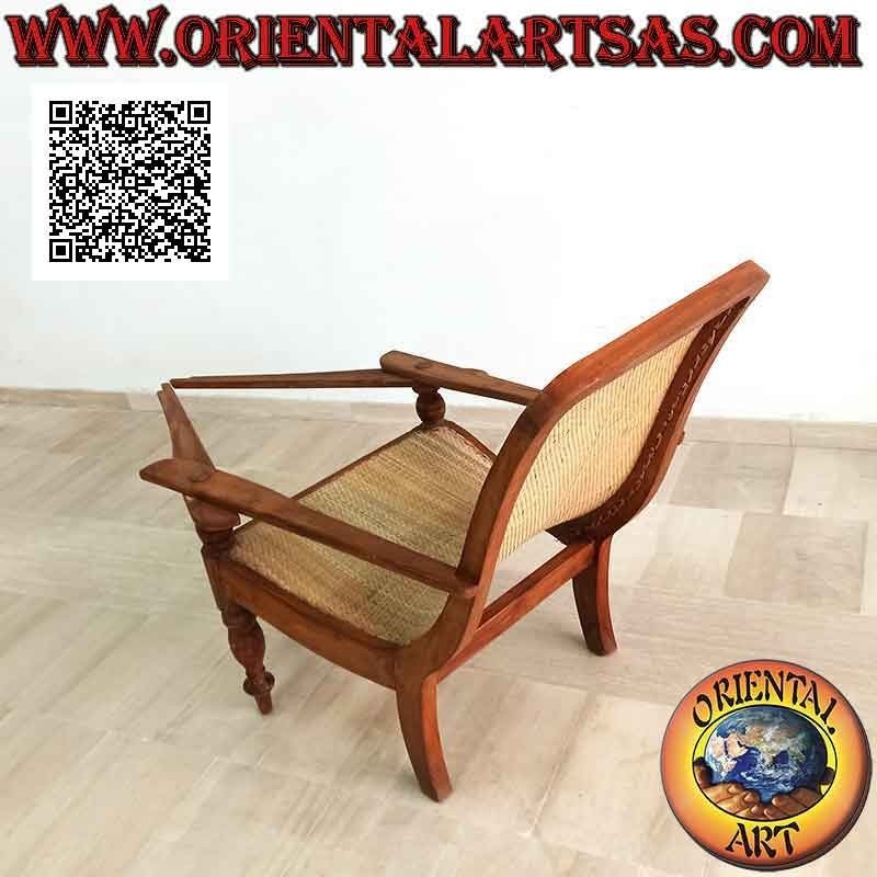 Sillón / chaise longue de estilo colonial antiguo en madera de teca y paja de Viena (tejido tupido)