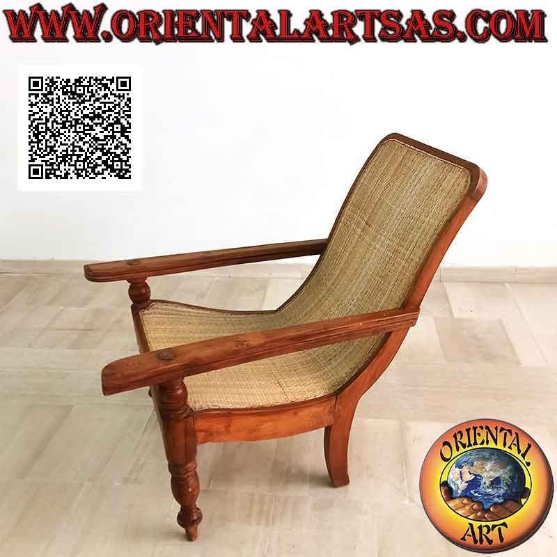 Antiker Sessel / Chaiselongue im Kolonialstil aus Teakholz und Wiener Stroh (dicht gewebt)