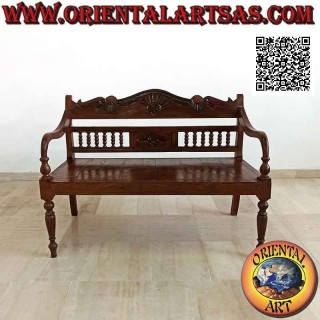 Banco de dos plazas con respaldo de columna y corona tallada a mano en madera de teca antigua