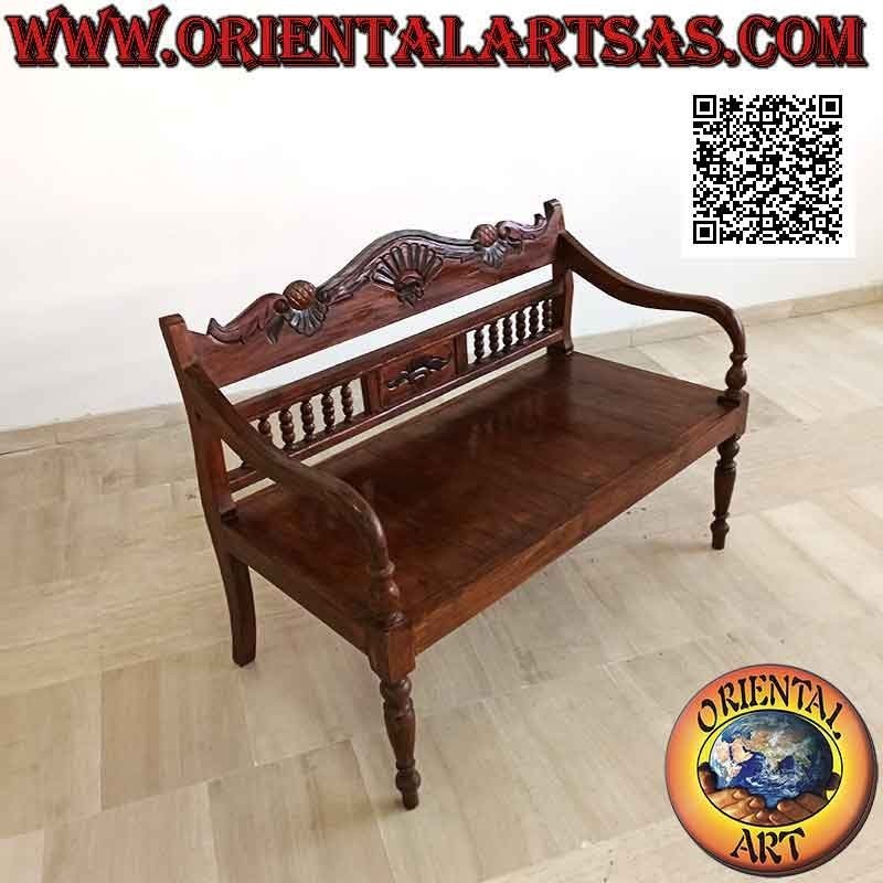 Banc à deux places avec dossier à colonne et couronne sculptée à la main en bois de teck antique
