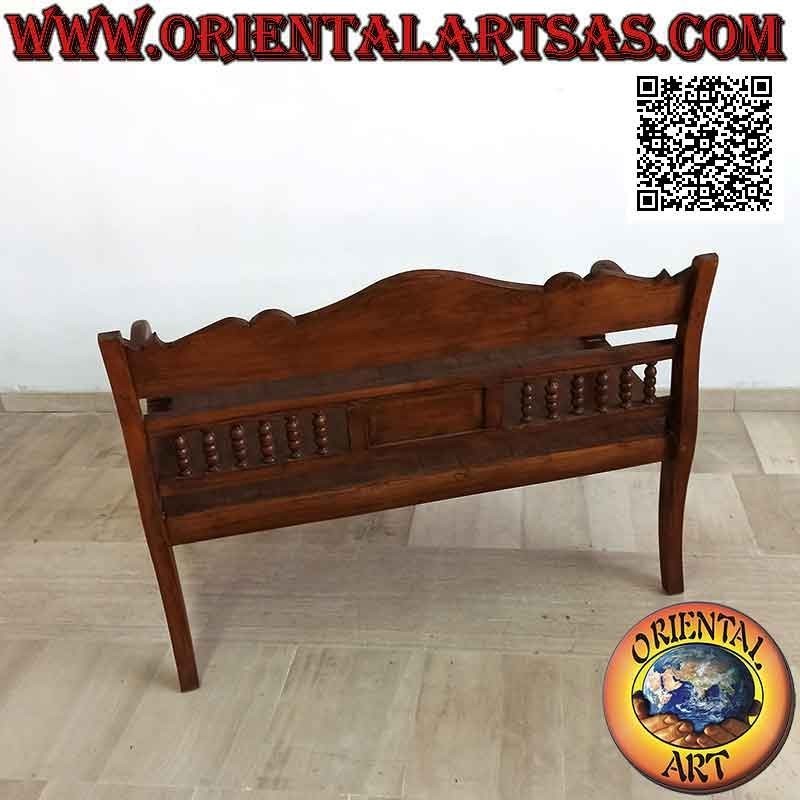 Banc à deux places avec dossier à colonne et couronne sculptée à la main en bois de teck antique
