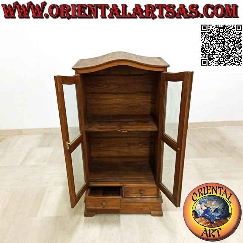 Vitrina doble puerta y dos estantes con tapa curva en madera de teca envejecida