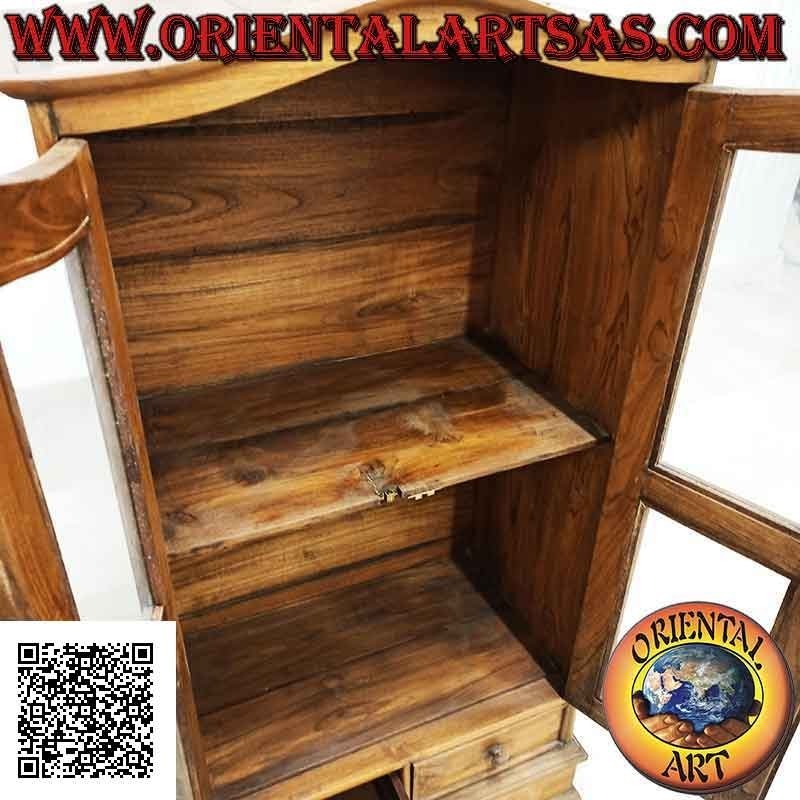 Vitrina doble puerta y dos estantes con tapa curva en madera de teca envejecida