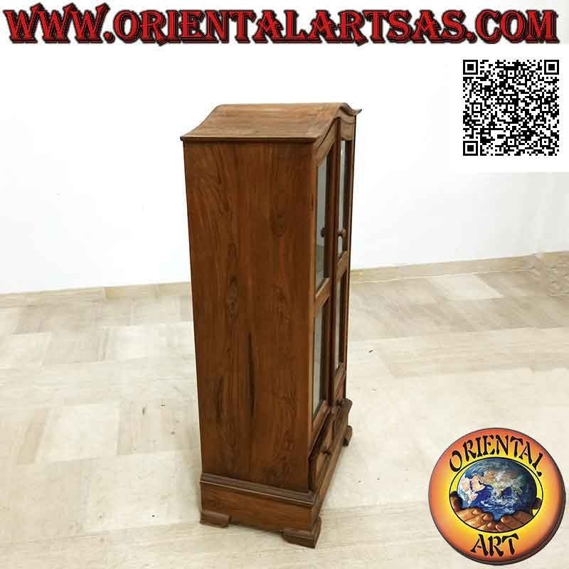 Double door display cabinet and two shelves with curved top in antique teak wood