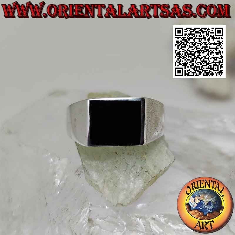 Anello in argento liscio con onice rettangolare orizzontale a filo bordo 12x10 mm