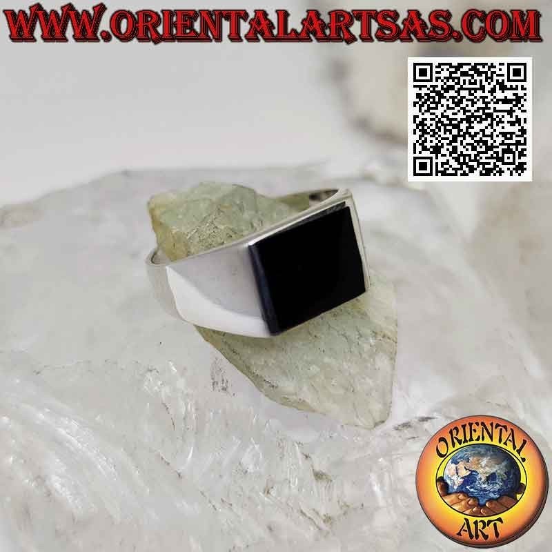 copy of Glatter Silberring mit horizontalem rechteckigem Onyx bündig mit Rand 12x8 mm