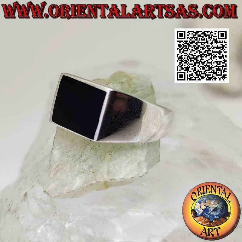 copy of Glatter Silberring mit horizontalem rechteckigem Onyx bündig mit Rand 12x8 mm