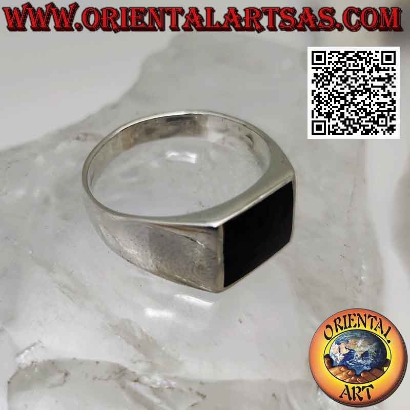 copy of Glatter Silberring mit horizontalem rechteckigem Onyx bündig mit Rand 12x8 mm