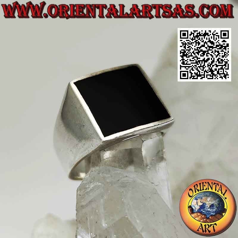 Smooth silver ring with square onyx flush edge 13x13 mm (thin)