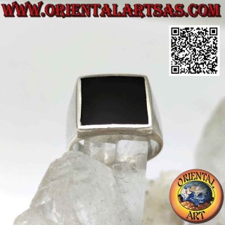 Bague argent lisse avec onyx carré affleurant 13x13 mm (épais)
