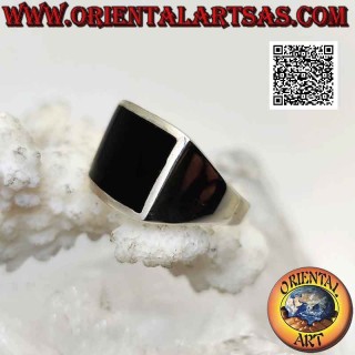 Anillo de plata lisa con ónix rectangular horizontal curvado a ras de canto 16 x 10 mm