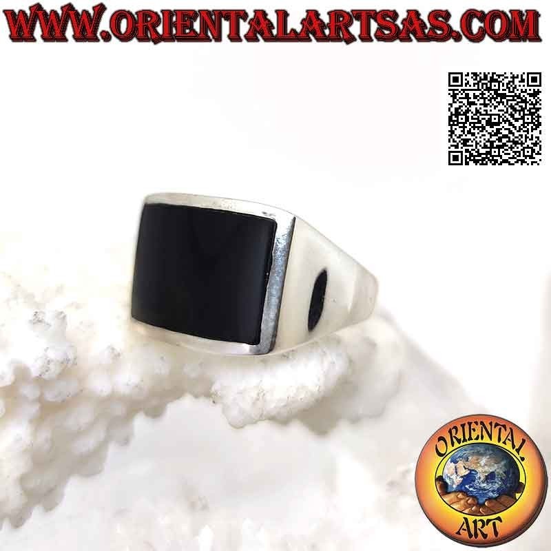Glatter Silberring mit horizontalem, rechteckigem Onyx, bündig mit Rand gebogen, 16 x 10 mm