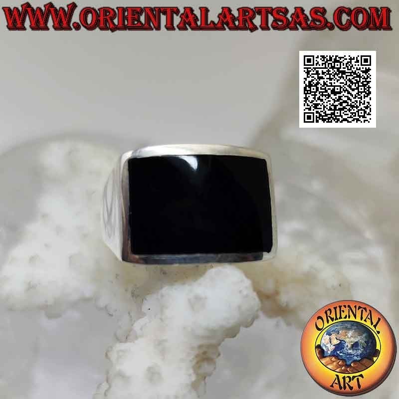 Anello in argento liscio con onice rettangolare orizzontale  curva a filo bordo 16 x 10 mm