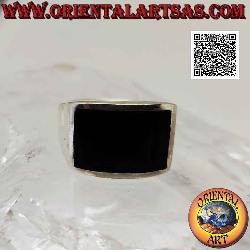 Glatter Silberring mit horizontalem, rechteckigem Onyx, bündig mit Rand gebogen, 16 x 10 mm