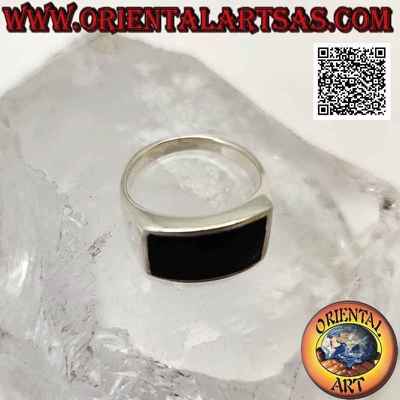 Anello in argento liscio con onice rettangolare orizzontale  curva a filo bordo 16 x 10 mm