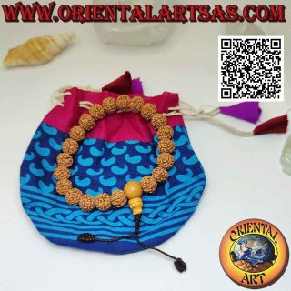 Mālā wrist bracelet 21 grains of 10 mm. in Rudra seeds with Tibetan bag