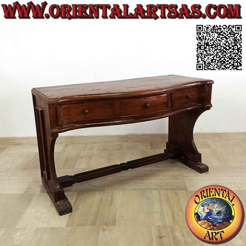 Bureau console à trois tiroirs et plateau galbé à pieds pattes de lion en bois de teck