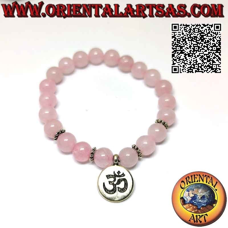 Bracelet Quartz Rose Naturel 8mm | Pendentif Om Gravé