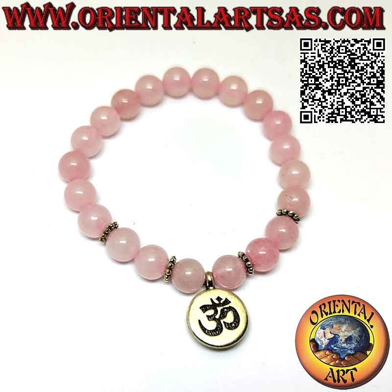Bracelet Quartz Rose Naturel 8mm | Pendentif Om Gravé