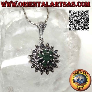 Silver pendant in the shape of a Dahlia flower with natural round emeralds set and marcasites