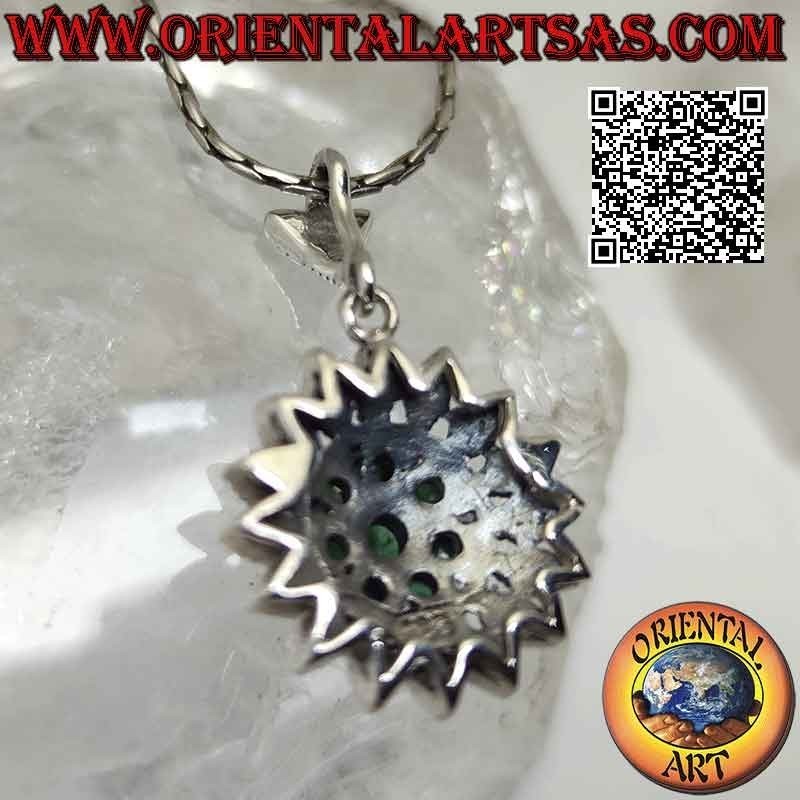 Silver pendant in the shape of a Dahlia flower with natural round emeralds set and marcasites