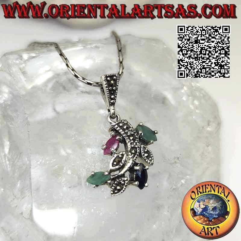 Silver branch pendant with emerald leaves, rubies and natural shuttle sapphires and marcasite