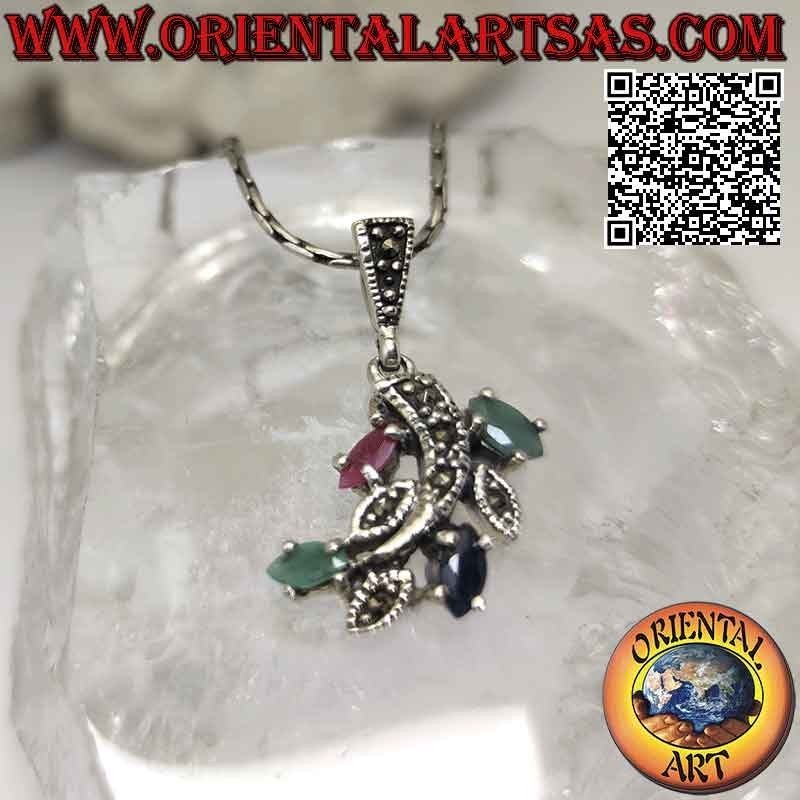Silver branch pendant with emerald leaves, rubies and natural shuttle sapphires and marcasite