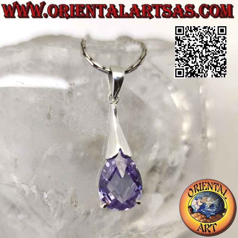 Silver drop pendant with amethyst zircon and smooth hook