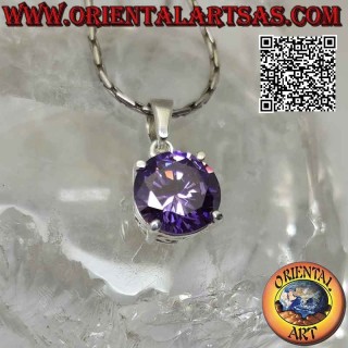 Silver pendant with light point of round amethyst zircon set (large) and fretwork on the sides