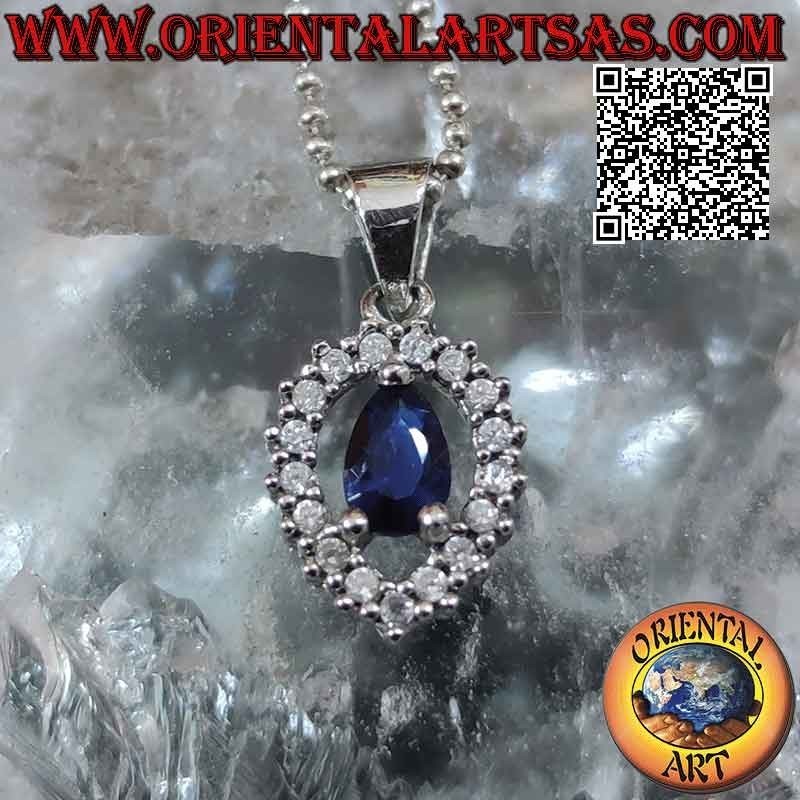 Silver pendant with synthetic teardrop sapphire set surrounded by a large drop of white zircons