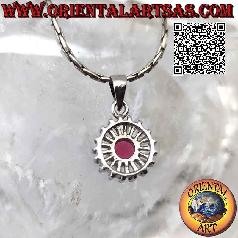 Silver pendant with round synthetic ruby set surrounded by baguette zircons