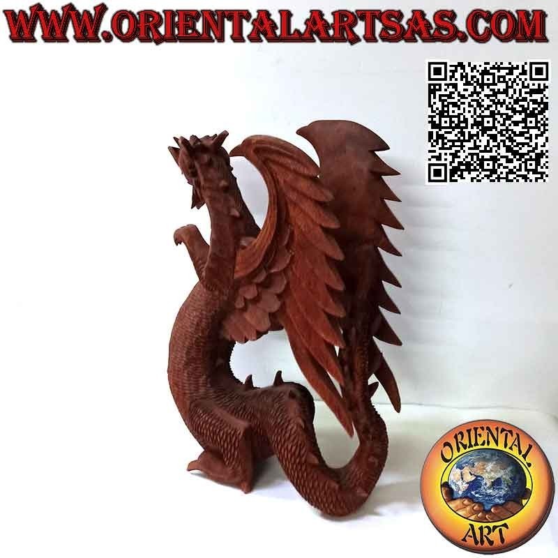 Sculpture dragon ailé marchant sculptée à la main en bois de suar de 45 cm