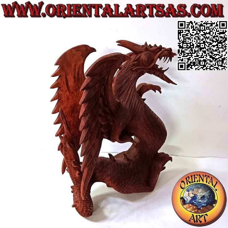 Escultura de dragón alado andante tallada a mano en madera de suar de 45 cm