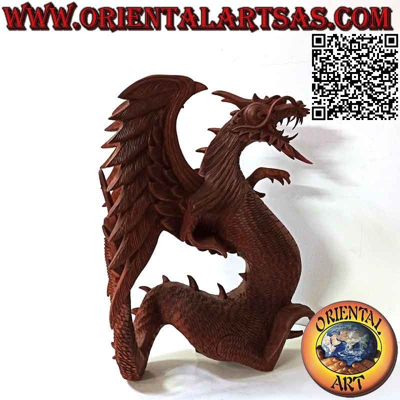 Sculpture dragon ailé marchant sculptée à la main en bois de suar de 45 cm