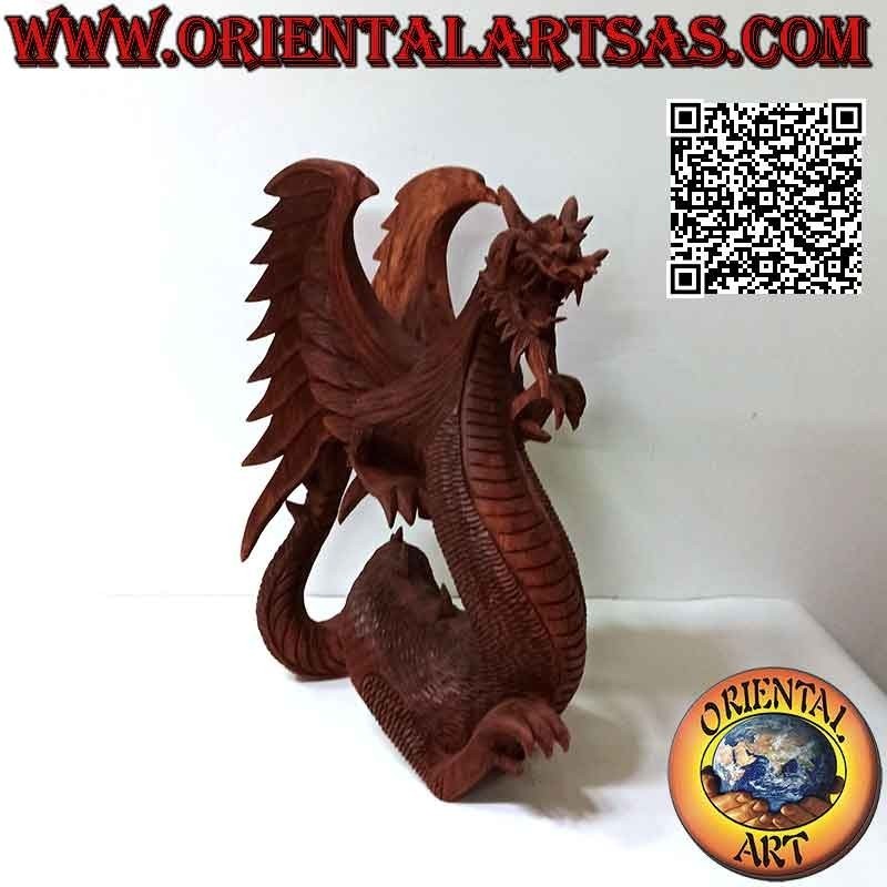 Scultura drago alato in cammino intagliato a mano in legno di suar da 45 cm