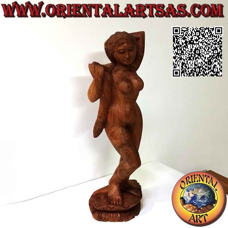 Sculpture statue of a naked oriental woman posing made from a single block of suar wood (60 cm)