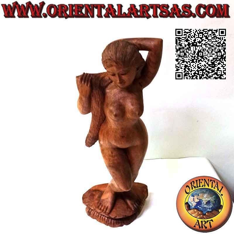 Estatua escultórica de una mujer oriental desnuda posando realizada en un solo bloque de madera de suar (60 cm)