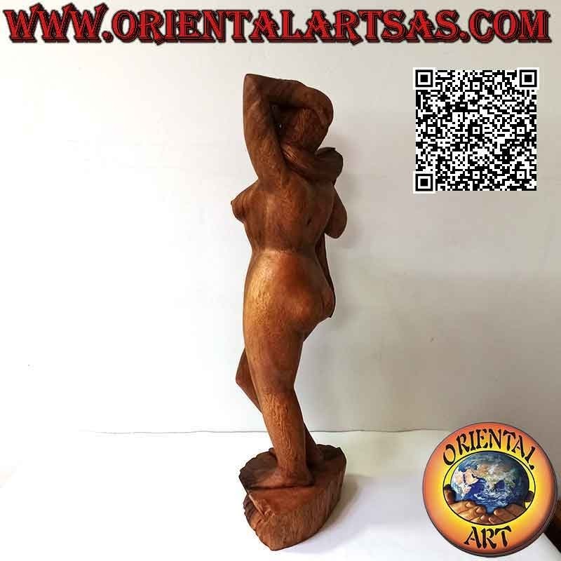 Scultura statua di una donna nuda orientale in posa realizzata da un unico blocco di legno di suar (60 cm)