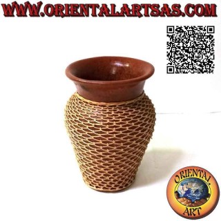 Vaso tradizionale di Lombok in terracotta e filo di midollino intrecciato fatto a mano (20 cm e 15 cm ø)