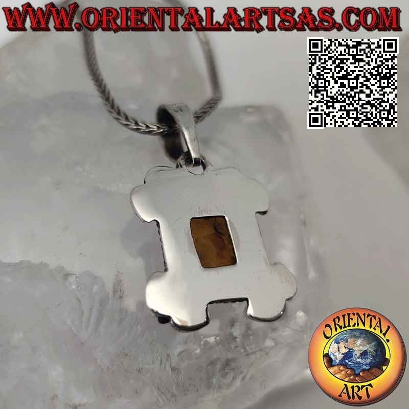 Ciondolo in argento con ambra baltica rettangolare contornata da intreccio e rose sui quattro angoli