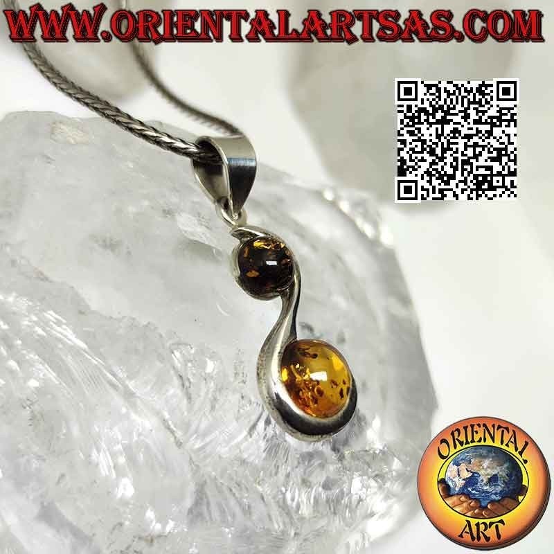 Smooth "S" shaped silver pendant with round yellow and green Baltic amber on the curves